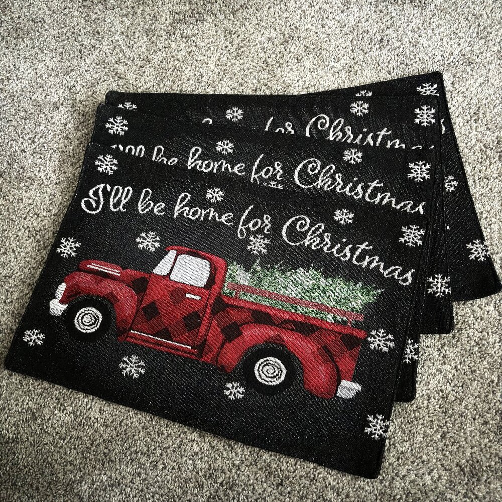 Set Of 4 Buffalo Check Tapestry " I'LL BE HOME FOR CHRISTMAS" Black Placemats